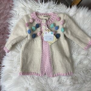 HUGGALUGS "POPCORN" IVORY AND PINK "POMPOM" SWEATER FOR BABY GIRLS
